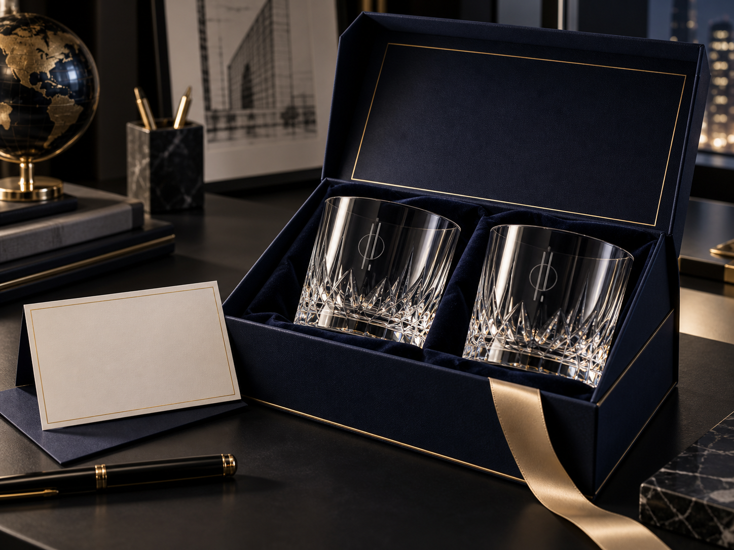 Premium corporate crystal tumbler set in a navy presentation box
