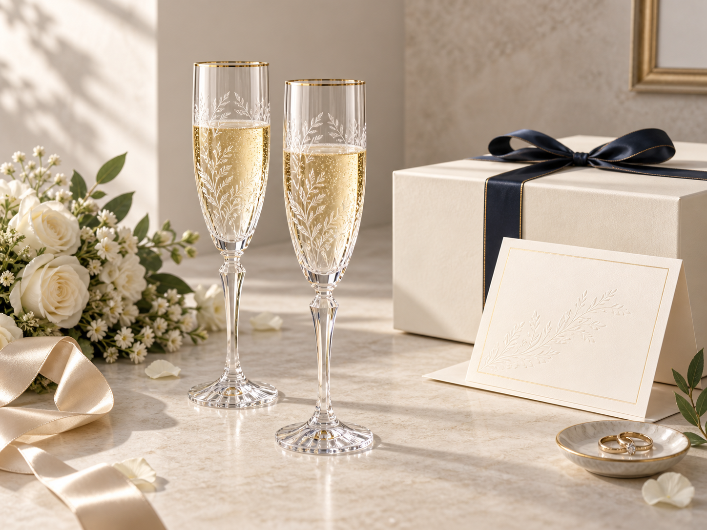Wedding gift concept with crystal champagne flutes and premium packaging