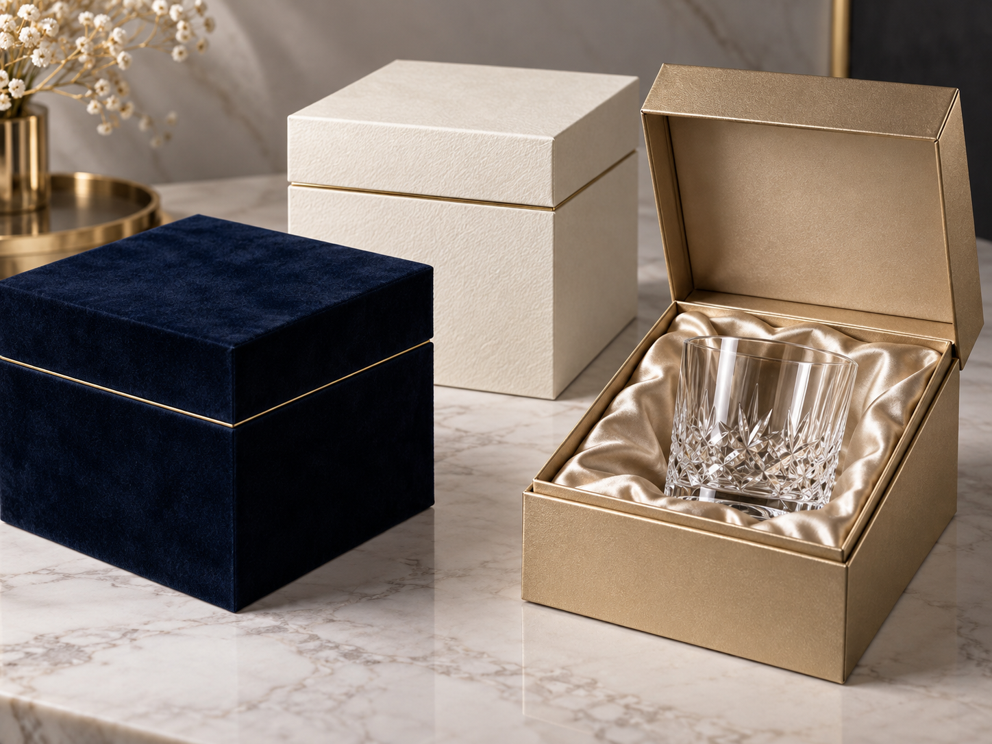 Three premium packaging directions in navy, ivory and champagne gold